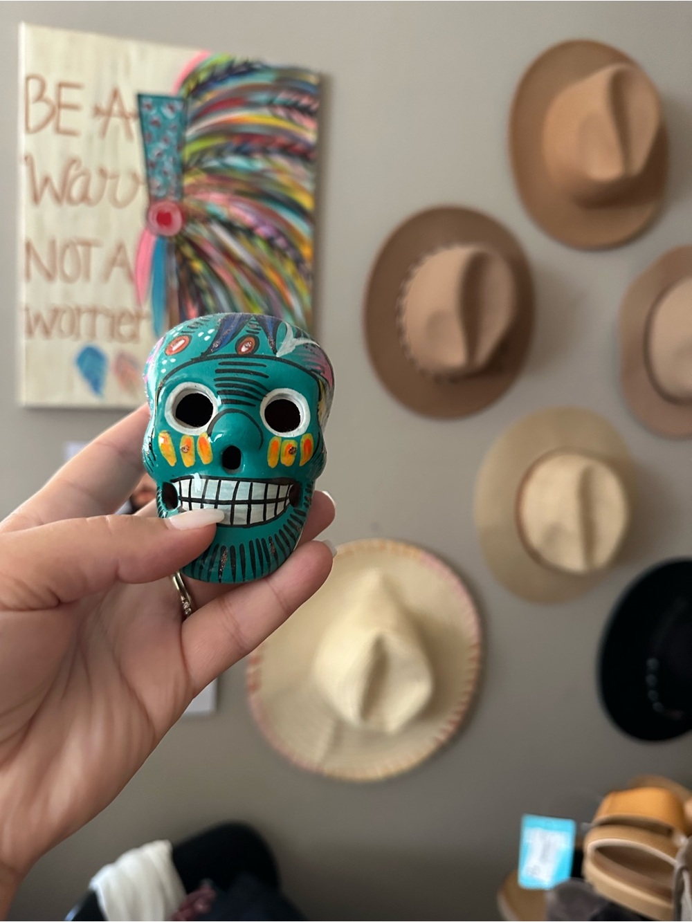 Hand-Painted Teal Decorative Skull Figurine